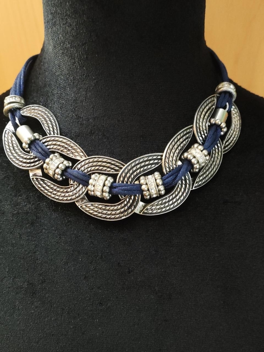 Christopher & Banks Silver-Tone Link Necklace with Navy Cord